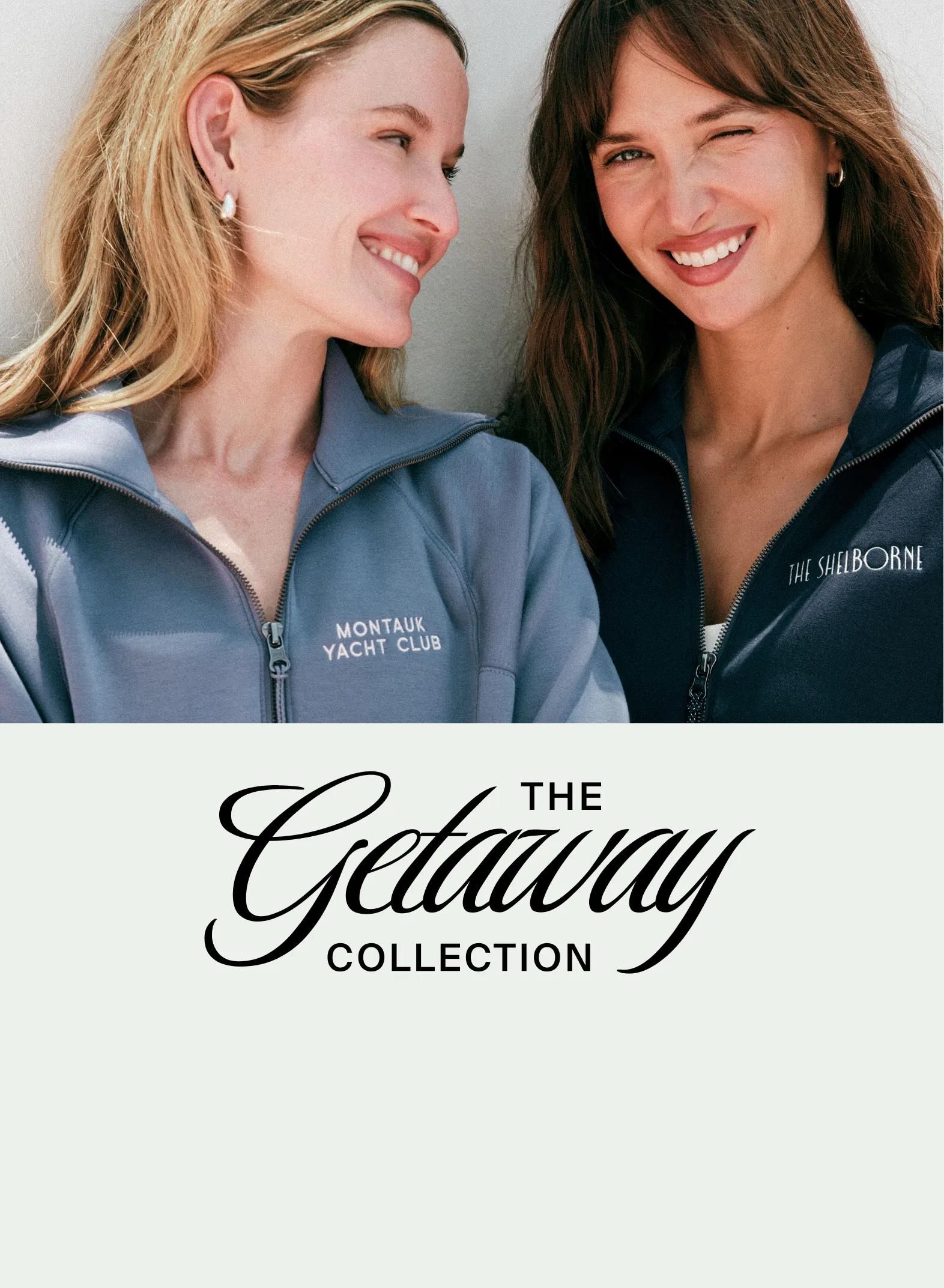The Getaway Collection — two models wearing quarter-zip pullovers, one in periwinkle blue and one in navy, with embroidered resort branding