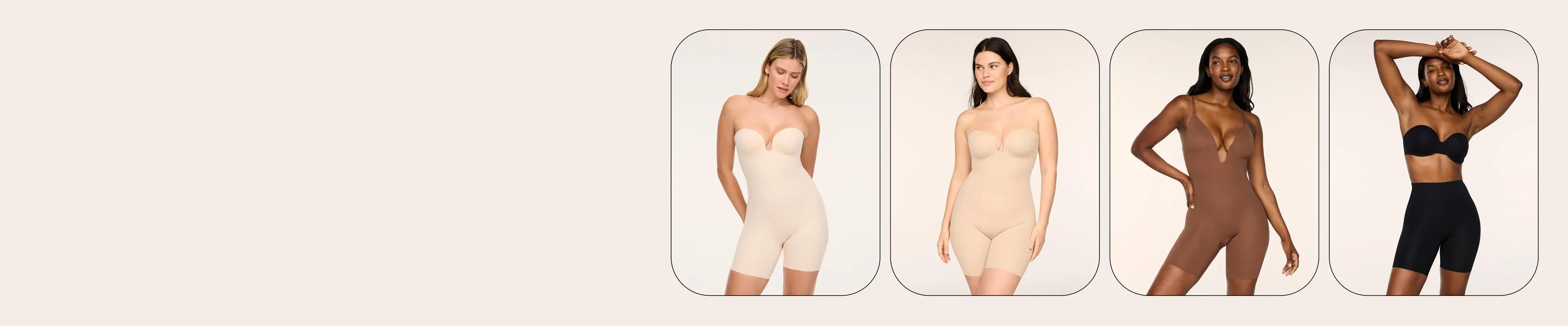Four models wearing seamless strapless bodysuit shapewear with mid-thigh coverage, shown in four shades.