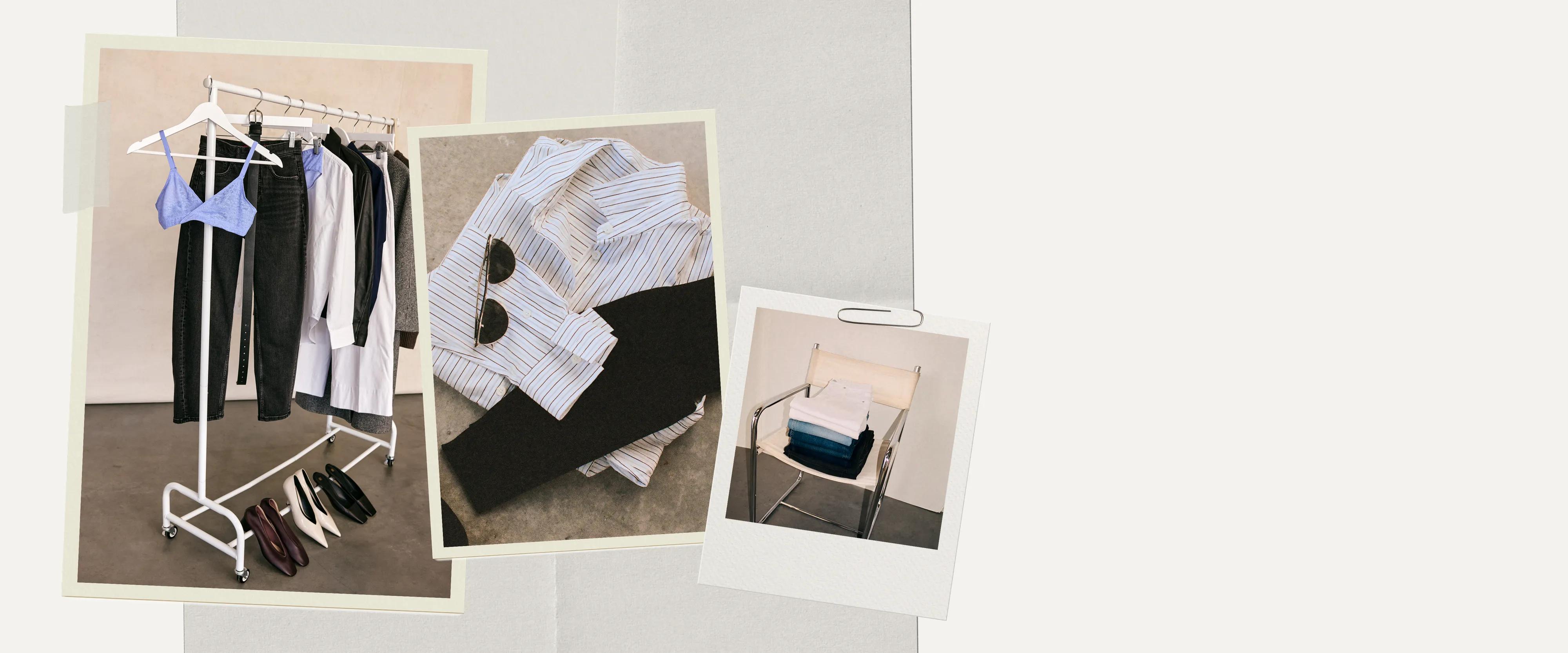 collage of SPANX clothes on a clothes rack and a stack of folded SPANX clothing