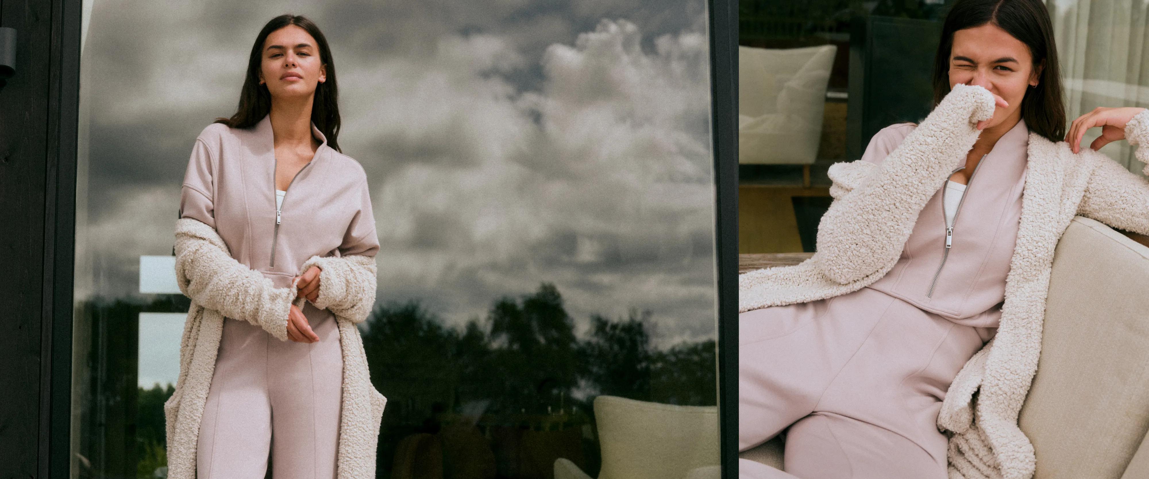 Split image of a model in a blush zip-front loungewear set layered with a long sherpa cardigan, standing outdoors on the left and smiling while seated on the right.