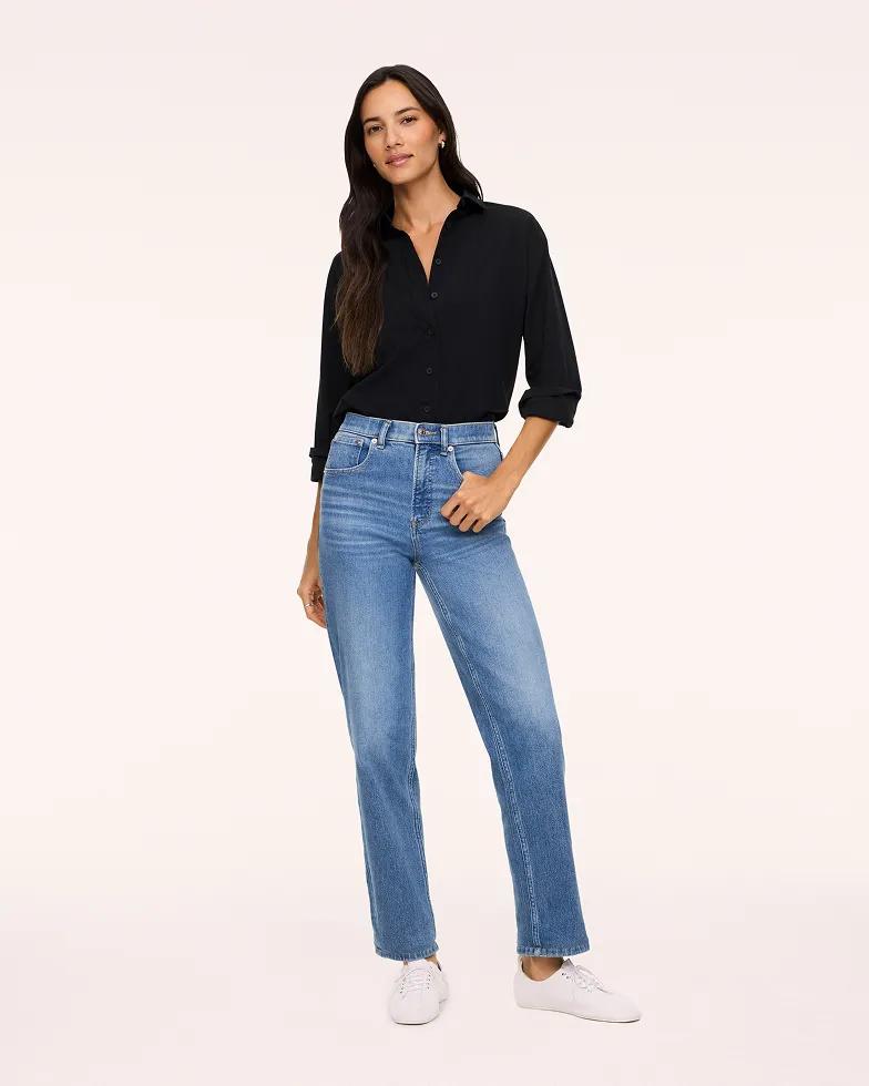 woman in spanx top and spanx denim